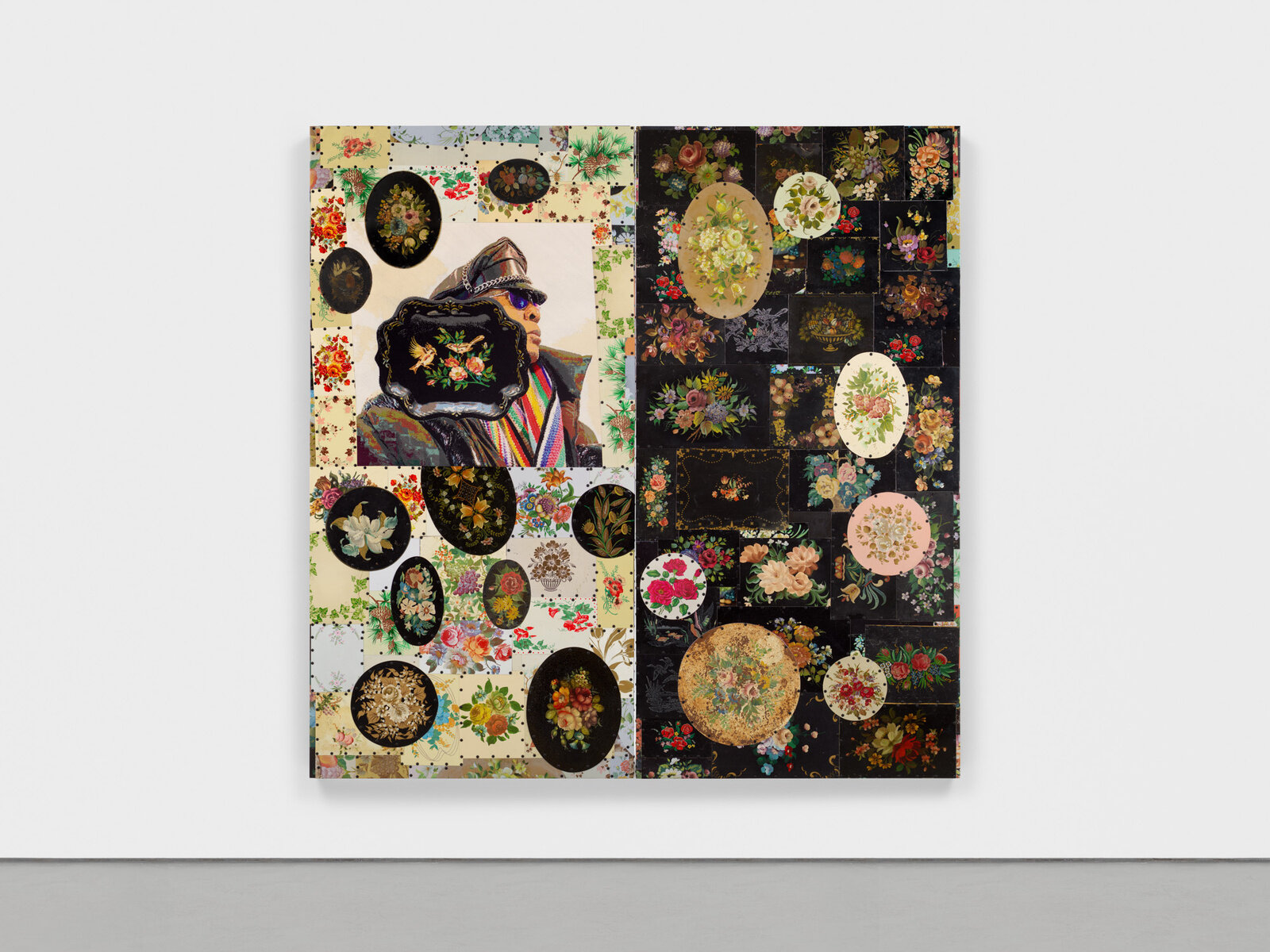 Nick Cave | Grapht,  Diptych, 95 1/2 x 95 1/2 x 2 inches (overall), Vintage metal serving trays and needlepoint on wood panel, 2024 