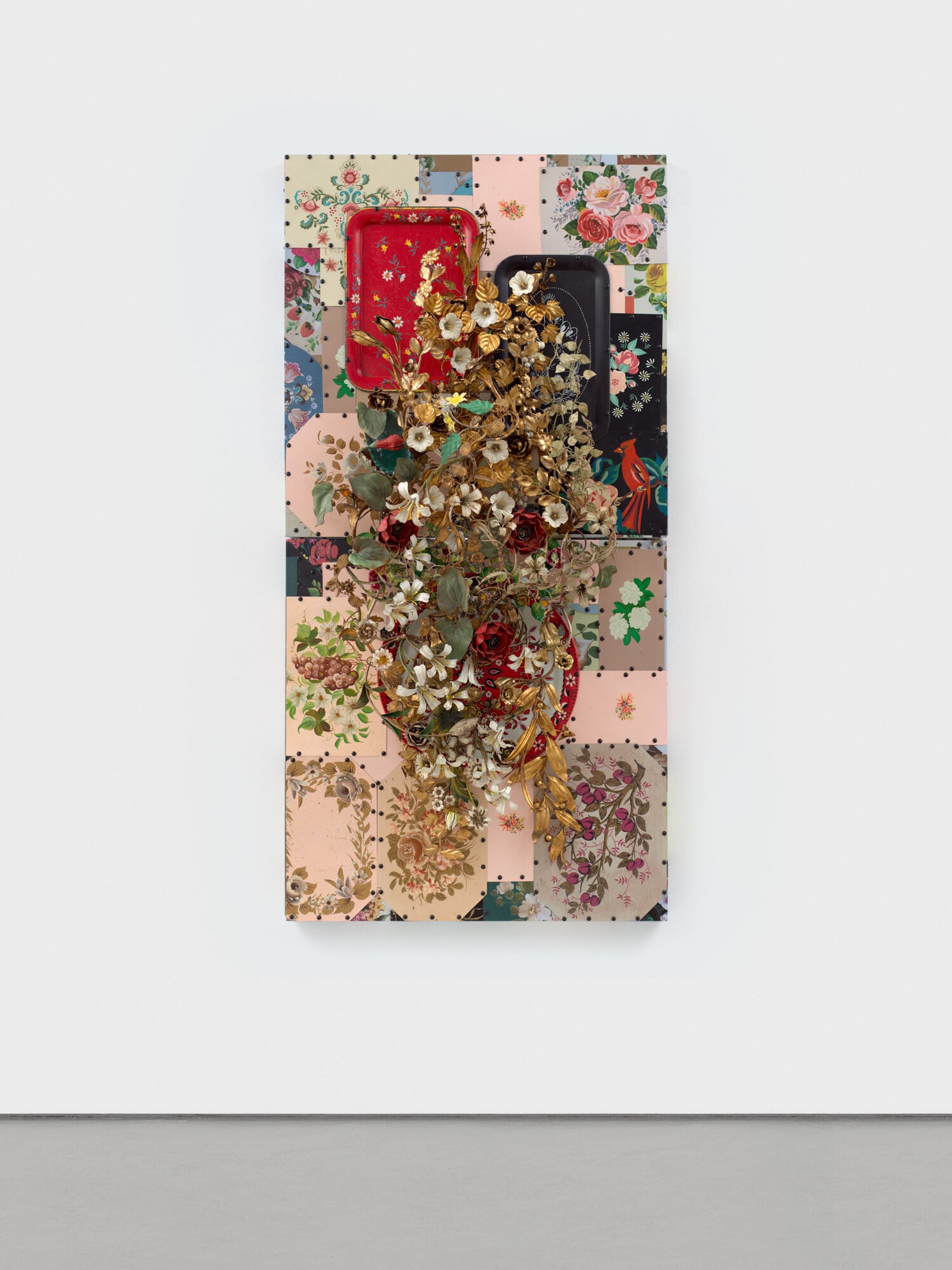 Nick Cave | Grapht, Diptych 73 x 36 1/2 x 17 inches (overall), Vintage metal serving trays and vintage tole on wood panel, 2024