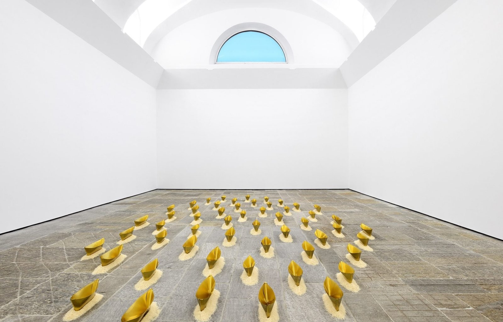 Wolfgang Laib, Passageway, brass and rice boats, Villa Panza Varese, photograph by Michele Alberto Sereni, courtesy of Magonza