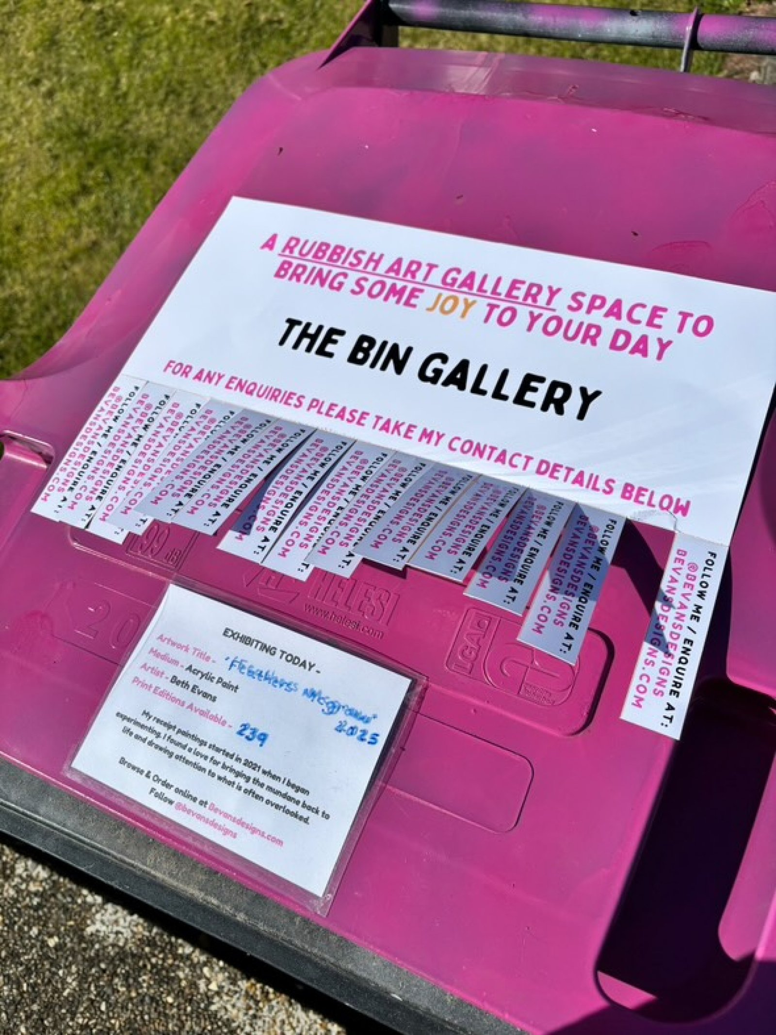 Beth Evans, Wheelie Bin Gallery outside her home in Essex, England